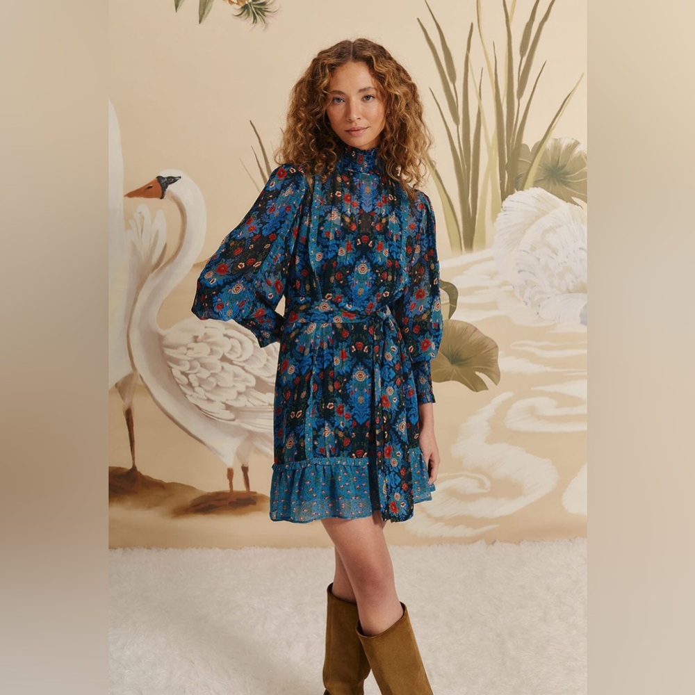 Blue Arabesque Floral High Neck Mini Dress